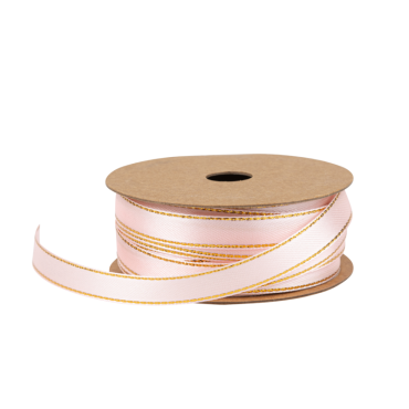 Ruban en satin rose avec liseré doré enroulé sur une bobine | jourdefete.com