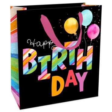 Sac cadeau noir avec ballons et inscription "Happy Birthday" colorée | jourdefete.com