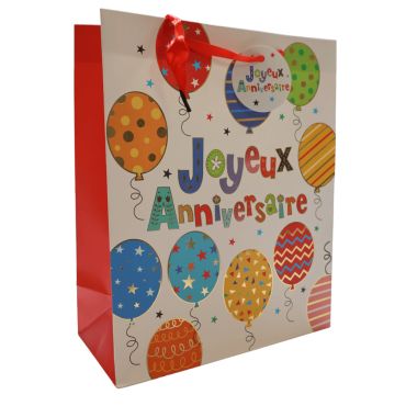 Sac cadeau Joyeux Anniversaire avec ballons colorés et texte multicolore | jourdefete.com