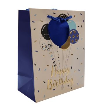 Sac cadeau d’anniversaire bleu avec ballons dorés et inscription "Happy Birthday" | jourdefete.com