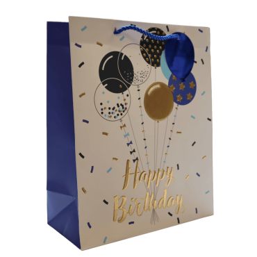 Sac cadeau bleu Happy Birthday avec ballons dorés et poignées torsadées | jourdefete.com