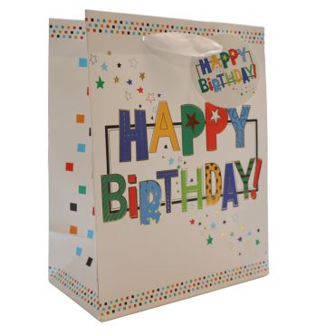Sac cadeau anniversaire multicolore avec texte "Happy Birthday" | jourdefete.com