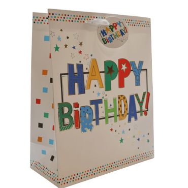 Sac cadeau anniversaire multicolore avec texte "Happy Birthday" | jourdefete.com