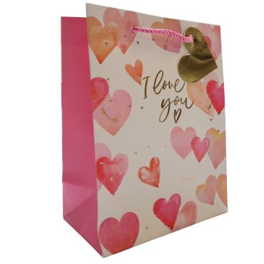 Sac cadeau I Love You avec cœurs roses et poignées torsadées roses | jourdefete.com