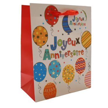Sac cadeau Joyeux Anniversaire avec ballons colorés et texte multicolore | jourdefete.com