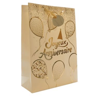 Sac cadeau Joyeux Anniversaire blanc avec ballons dorés | jourdefete.com