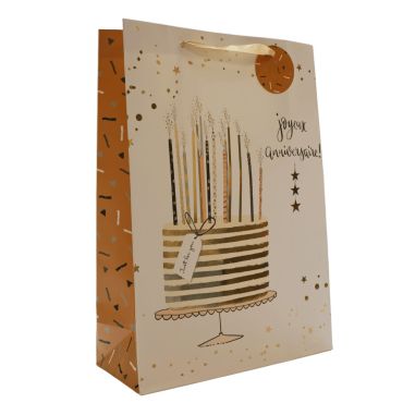 Sac cadeau Joyeux Anniversaire gâteau doré et bougies longues | jourdefete.com