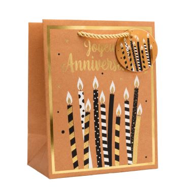 Sac cadeau kraft Joyeux Anniversaire kraft avec bougies noir et or 18 x 23 x 10 cm | jourdefete.com