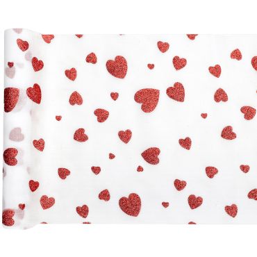 Chemin de table Saint-Valentin blanc avec motifs cœurs rouges scintillants | jourdefete.com