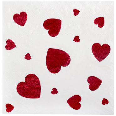 Serviettes Saint-Valentin blanches avec motifs cœurs rouges brillants | jourdefete.com