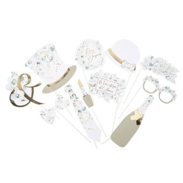 Kit Photobooth Sauge Green Blanc, Vert Sauge et Or 11 Pièces | jourdefete.com