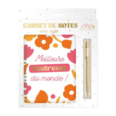Coffret cadeau carnet et stylo doré "Meilleure Maîtresse du monde" | jourdefete.com