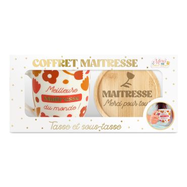 Coffret tasse et sous-tasse pour maîtresse avec motif fleuri et message de remerciement | jourdefete.com