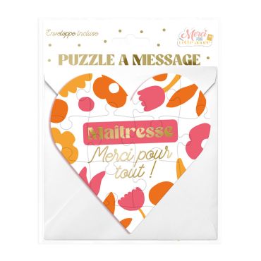Puzzle cœur message Merci Maîtresse avec fleurs rose et orange | jourdefete.com