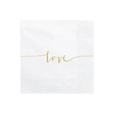 Serviettes blanches "Love" doré pour événements romantiques | jourdefete.com