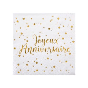 20 Serviettes "Joyeux Anniversaire" - Blanc / Or