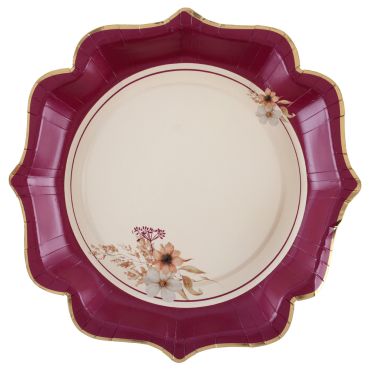 Assiette en carton bordeaux et fleurs Aubépine 21x21 cm mariage chic | jourdefete.com