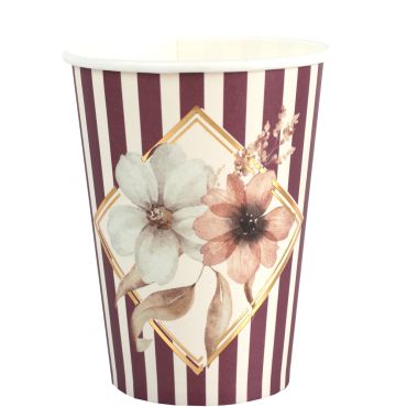 Gobelets en carton bordeaux rayures et fleurs Aubépine 27 cl mariage | jourdefete.com