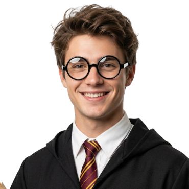 Homme déguisé en apprenti magicien portant des lunettes rondes noires épaisses de sorcier | jourdefete.com Homme déguisé en apprenti magicien portant des lunettes rondes noires épaisses de sorcier | jourdefete.com