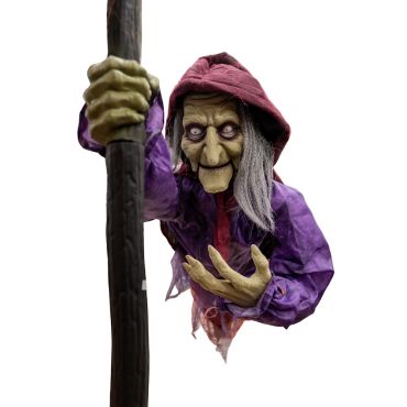 Sorcière volante automate Halloween 195 cm avec balai et yeux lumineux rouges | jourdefete.com