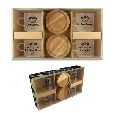 Coffret 4 tasses à café en verre avec sous-tasses en bois style bistrot | jourdefete.com