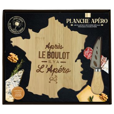 Planche apéro en bambou “Après le Boulot, il y a l’Apéro” en forme de carte de France avec couteau | jourdefete.com