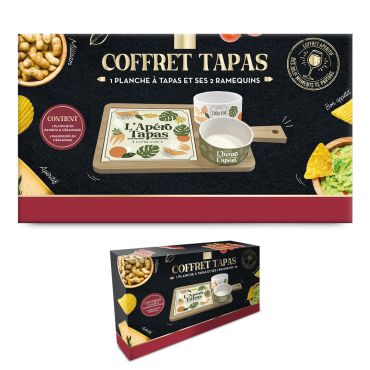 Coffret tapas avec planche en bambou et deux ramequins céramique pour apéritif | jourdefete.com