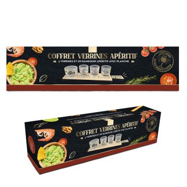 Coffret Verrines Apéritif avec 3 verrines, un ramequin et une planche en bois | jourdefete.com