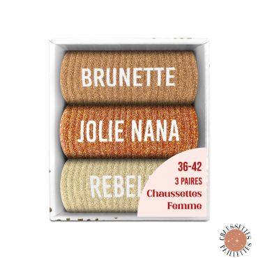 Coffret de 3 chaussettes pailletées femme "Brunette, Jolie Nana et Rebelle" | jourdefete.com