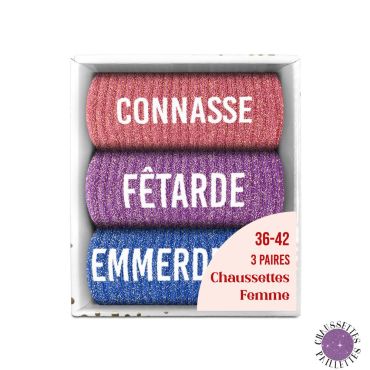 Coffret trio chaussettes paillettes femme Connasse Fêtarde Emmerdeuse | jourdefete.com