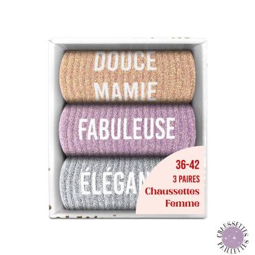 Coffret trio de chaussettes pailletées Douce Mamie – chaussettes femme brillantes 36-42 | jourdefete.com