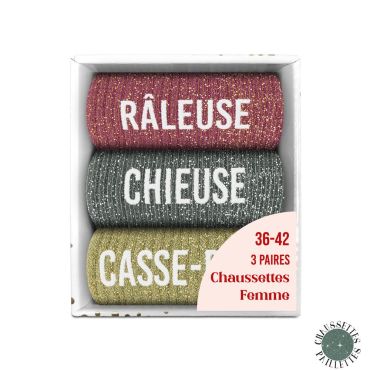 Coffret trio de chaussettes pailletées Râleuse – chaussettes femme drôles et brillantes 36-42 | jourdefete.com
