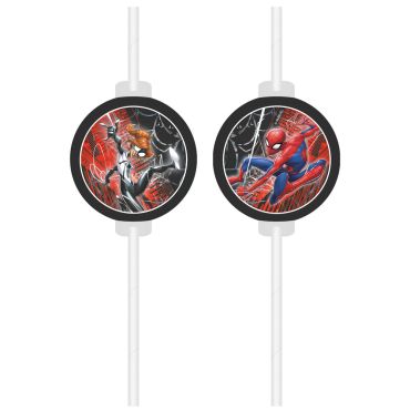 Pailles Spider-Man World of Web avec médaillons Spider-Man et Ghost-Spider sur fond rouge et noir | jourdefete.com