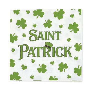 Serviettes en papier blanches imprimées de trèfles verts et texte Saint-Patrick | jourdefete.com
