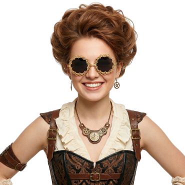 Personne souriante portant des lunettes steampunk dorées en forme d'engrenages avec un costume victorien marron et blanc | jourdefete.com