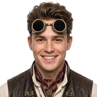 Homme souriant portant des lunettes steampunk avec verres noirs et monture cuivrée sur le front | jourdefete.com