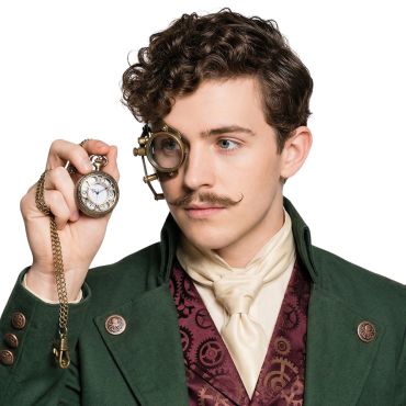 Homme en costume victorien tenant une montre à gousset steampunk en bronze au bout de sa chaîne | jourdefete.com