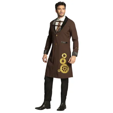 Déguisement steampunk homme avec manteau marron et rouages dorés | jourdefete.com