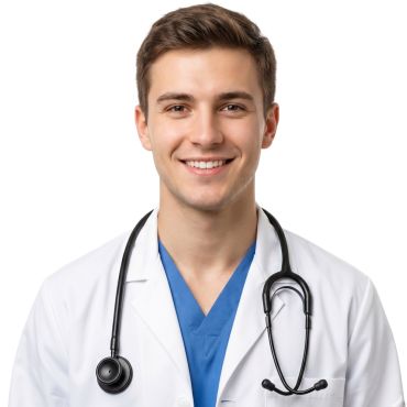 Jeune homme souriant en blouse blanche de médecin portant un stéthoscope noir autour du cou | jourdefete.com
