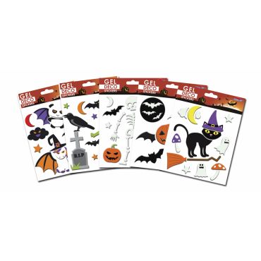 Stickers gel déco Halloween avec sorcières, chats noirs, citrouilles et chauves-souris | jourdefete.com