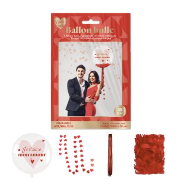 Ballon bulle transparent avec "Je t’aime mon amour" et guirlande de cœurs | jourdefete.com.