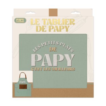 Tablier de cuisine vert sauge avec inscription "Les petits plats de Papy" brodée | jourdefete.com