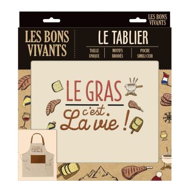 Tablier drôle avec citation "Le gras c’est la vie" et motifs charcuterie | jourdefete.com