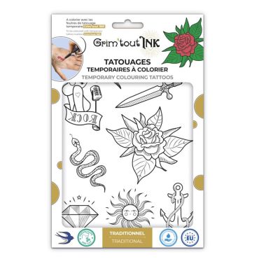 Tatouages temporaires à colorier traditionnels Grim'tout INK | jourdefete.com