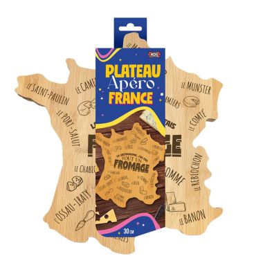 Plateau apéro en forme de carte de France avec fromages régionaux illustrés | jourdefete.com