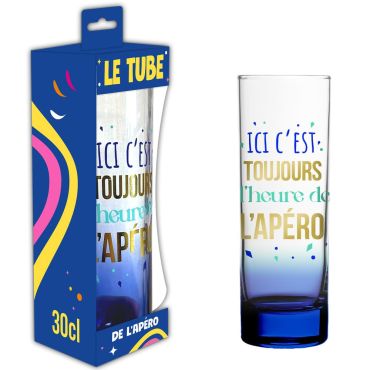 Verre tube fin avec message apéritif multicolore et fond bleu | jourdefete.com