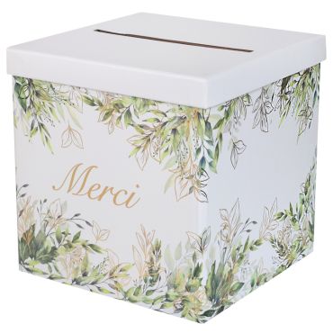 Une jolie tirelire avec écrit "Merci" composée de motifs de feuilles vertes et dorées | jourdefete.com