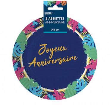 Assiettes anniversaire tropicales avec feuilles exotiques et inscription « Joyeux Anniversaire » | jourdefete.com