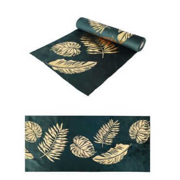 chemin-table-velours-vert-feuilles-dorees-decoration | jourdefete.com