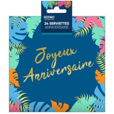 Serviettes tropicales anniversaire avec motifs colorés et inscription dorée | jourdefete.com
